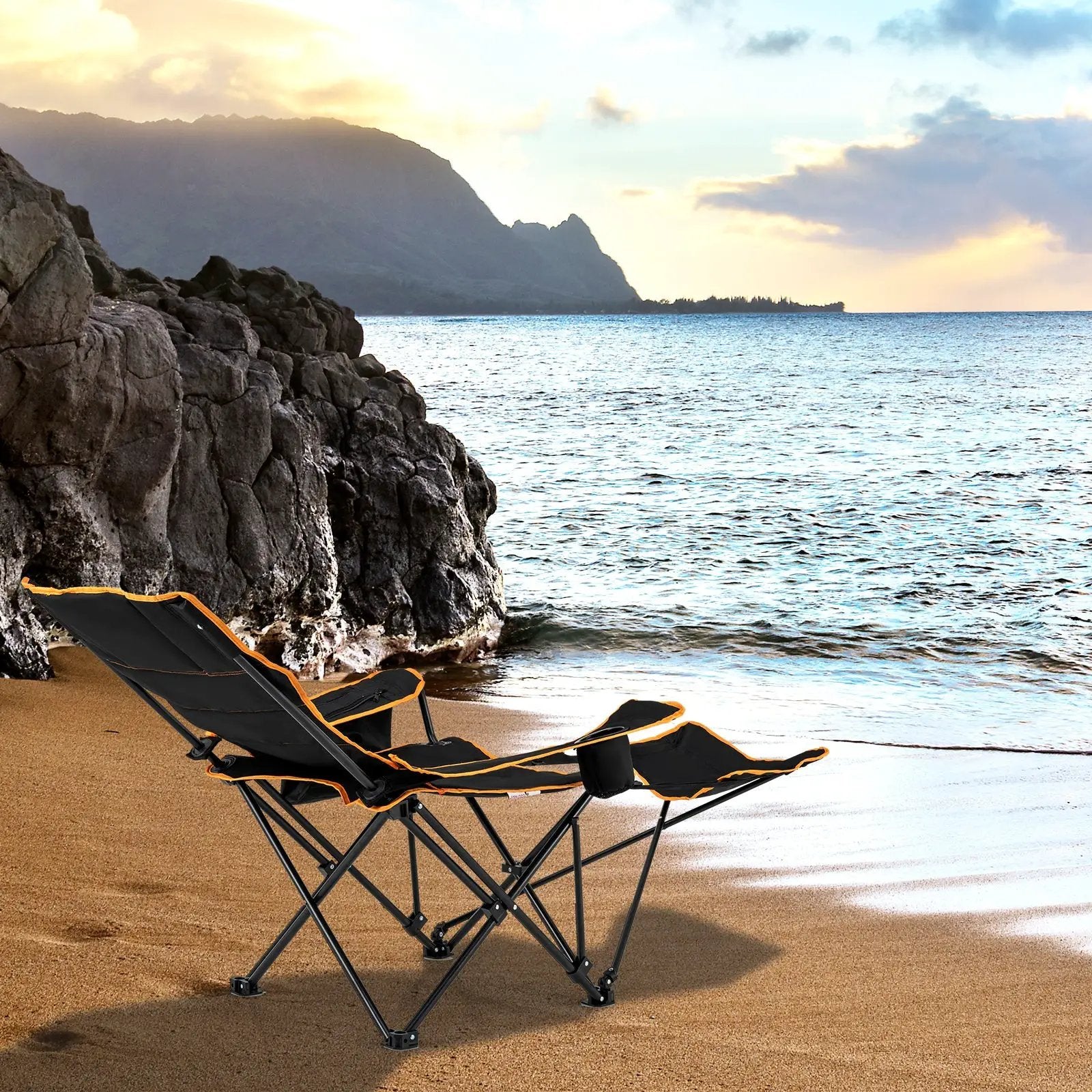 Folding Camping Chair with Footrest Camping Lounge Chair with Carry Bag-Black by DirectDeals