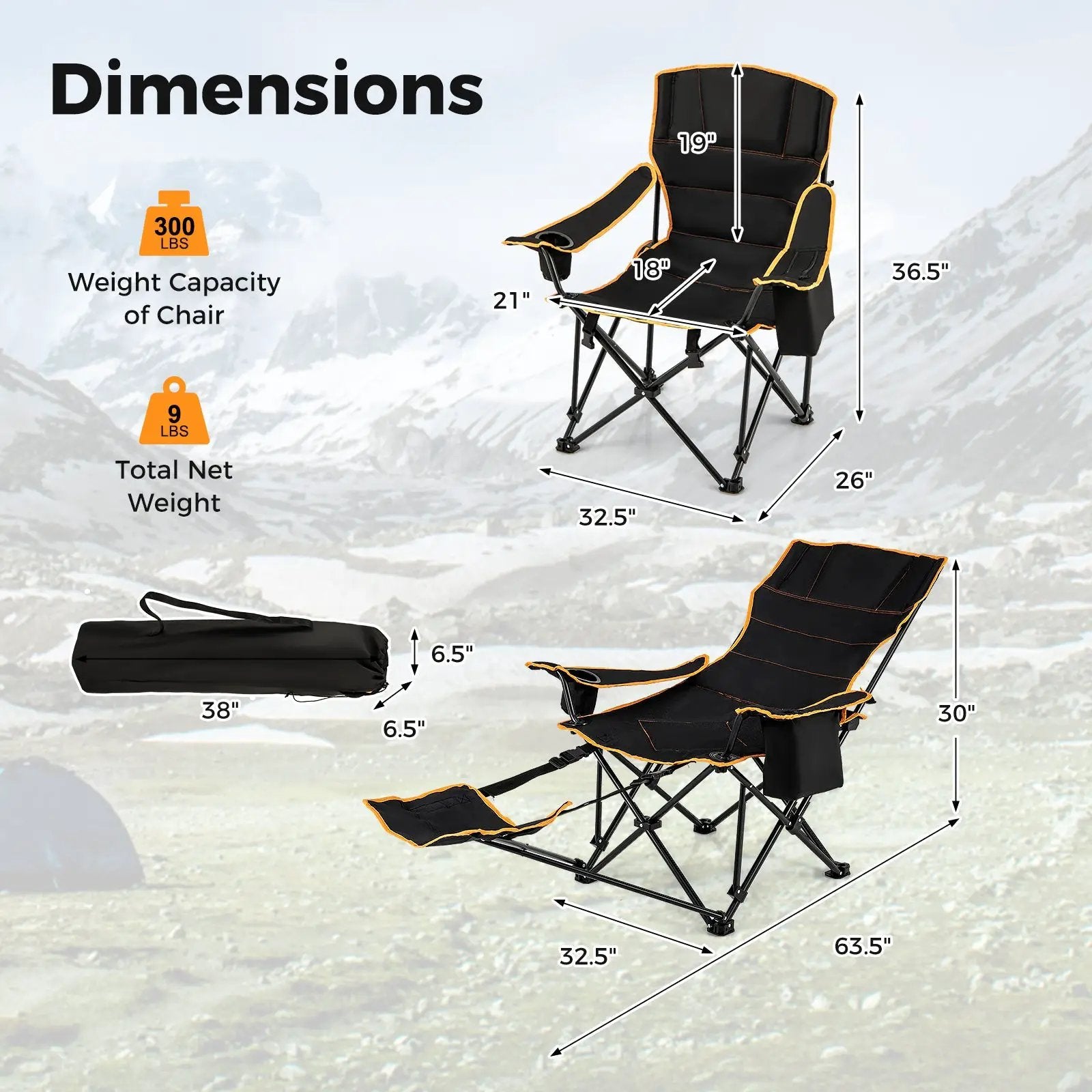 Folding Camping Chair with Footrest Camping Lounge Chair with Carry Bag-Black by DirectDeals