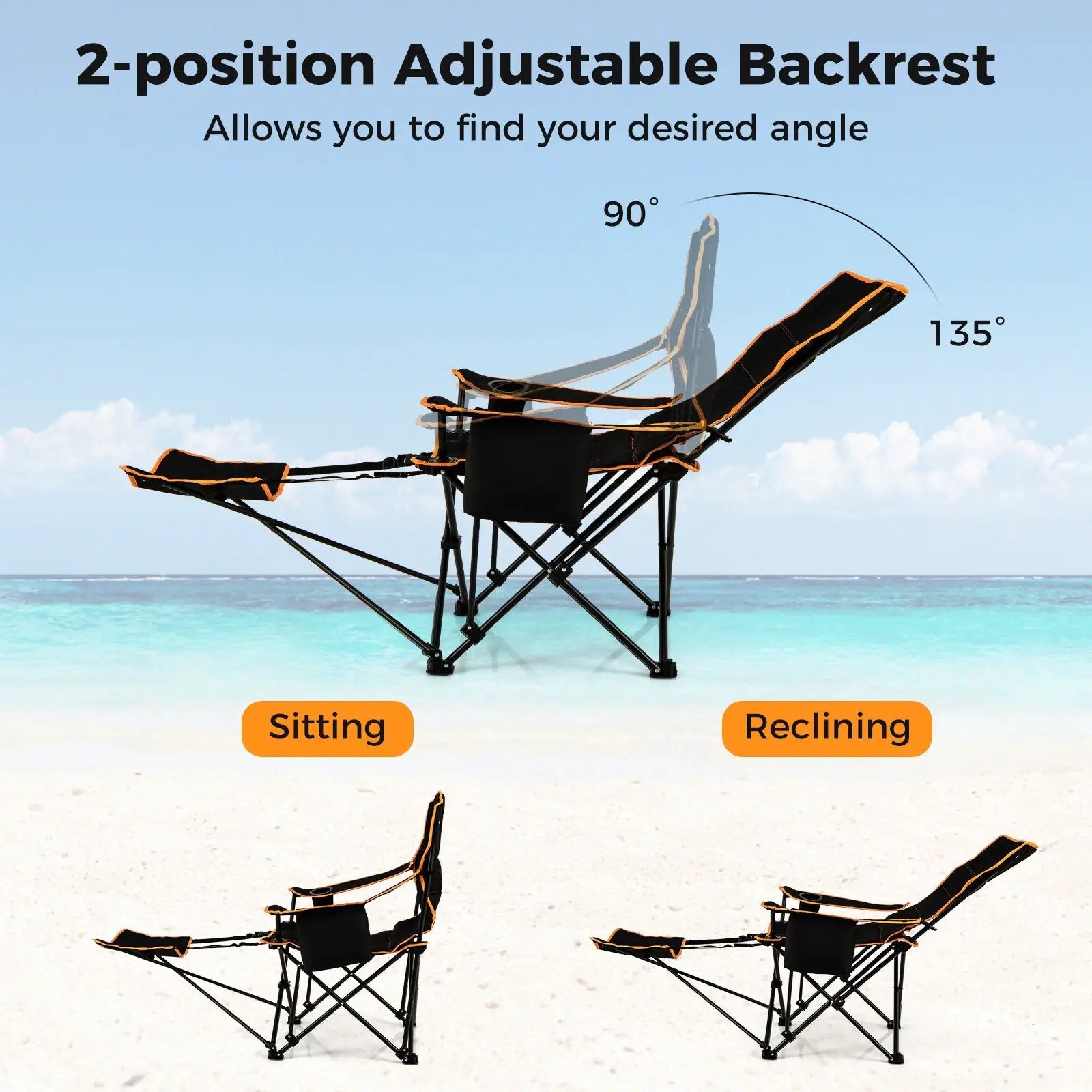 Folding Camping Chair with Footrest Camping Lounge Chair with Carry Bag-Black by DirectDeals