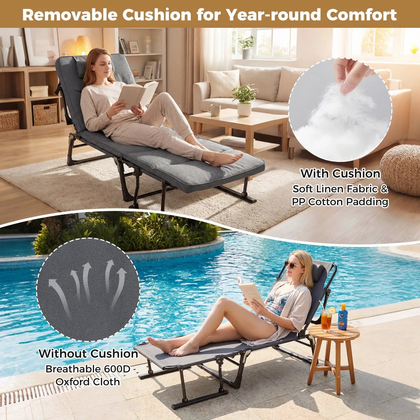 Folding Camping Cot with Mattress 3 in 1 Convertible Single Sofa Chaise Lounge Chair Sleeper-Gray by DirectDeals