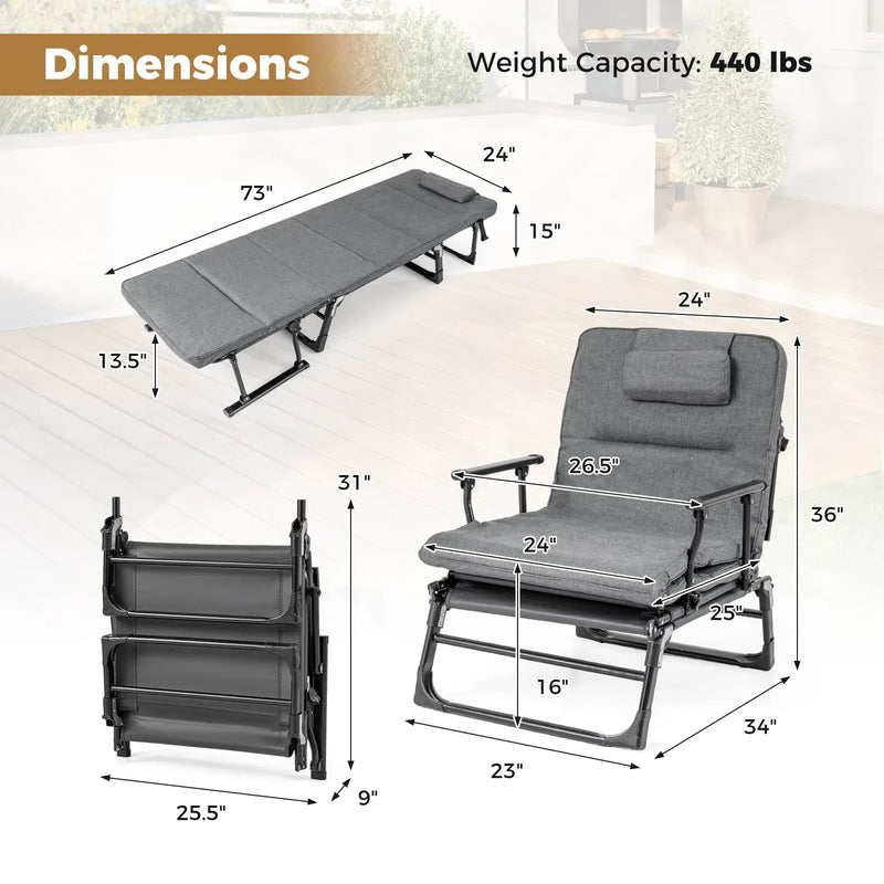 Folding Camping Cot with Mattress 3 in 1 Convertible Single Sofa Chaise Lounge Chair Sleeper-Gray by DirectDeals