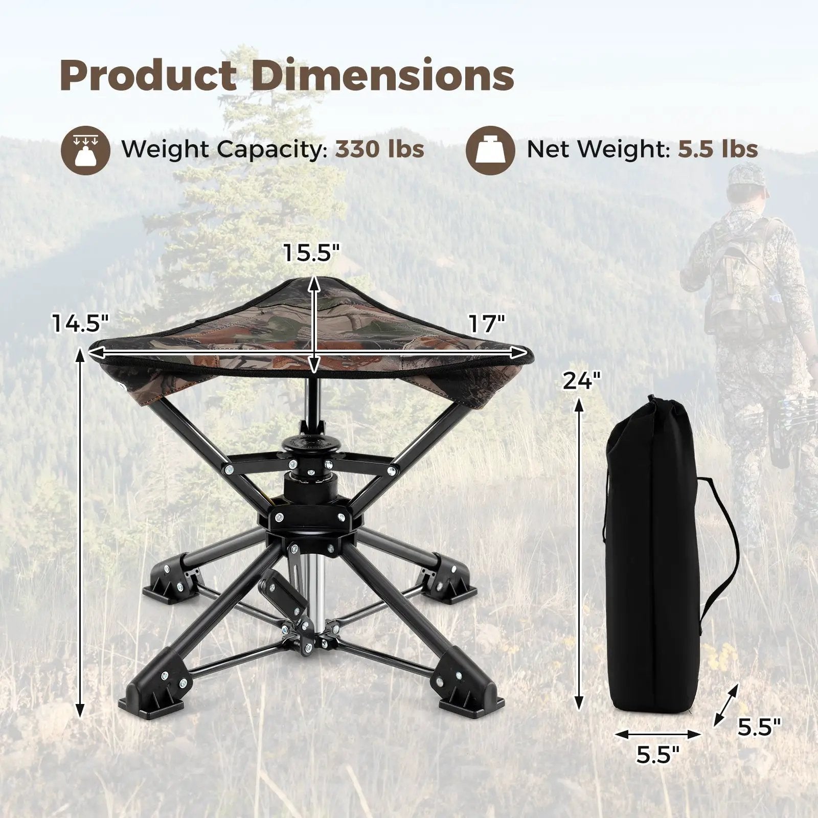 Folding Camping Stool 360¬∞ Swivel Hunting Chair with Anti-Sink Feet by DirectDeals