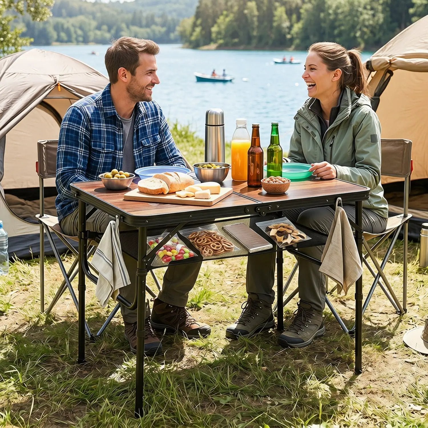 Folding Camping Table with Adjustable Heights Storage Net & Handle by DirectDeals