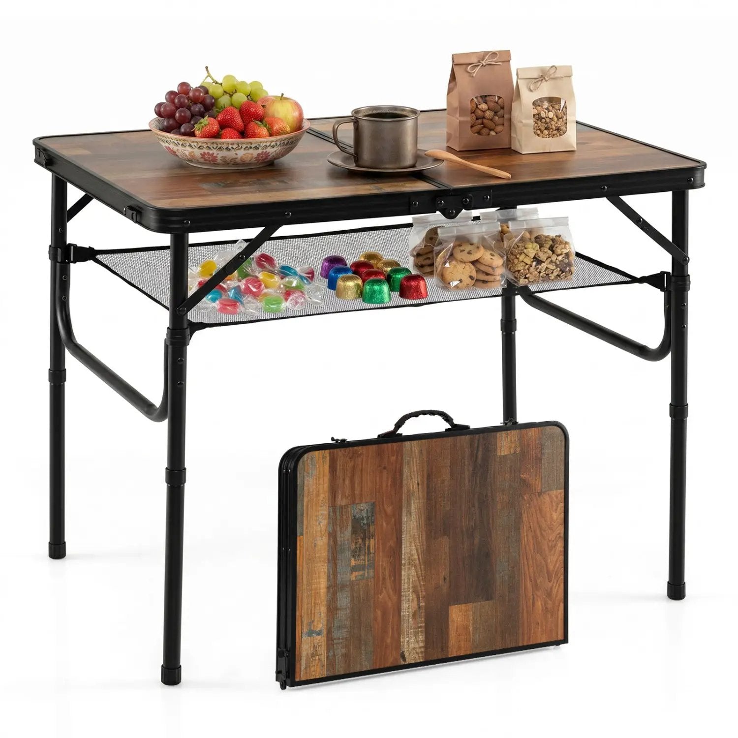 Folding Camping Table with Adjustable Heights Storage Net & Handle by DirectDeals