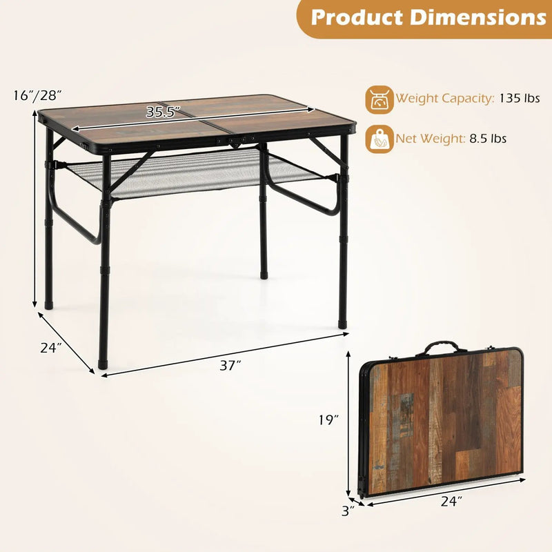 Folding Camping Table with Adjustable Heights Storage Net & Handle by DirectDeals