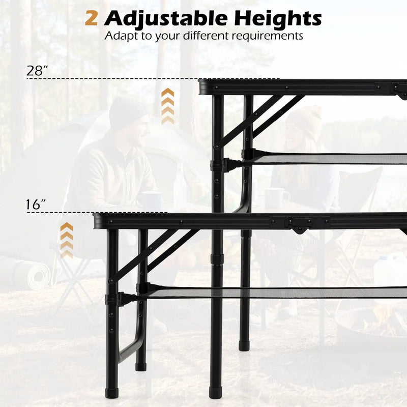 Folding Camping Table with Adjustable Heights Storage Net & Handle by DirectDeals