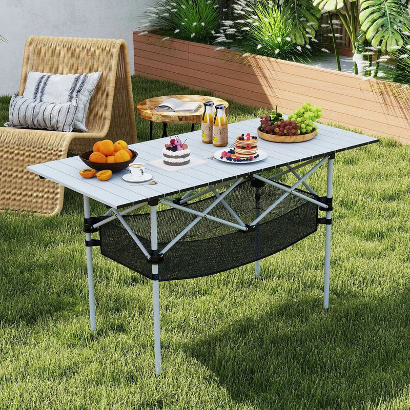 Patio Folding Camping Table with Roll-up Tabletop and Mesh Basket by DirectDeals