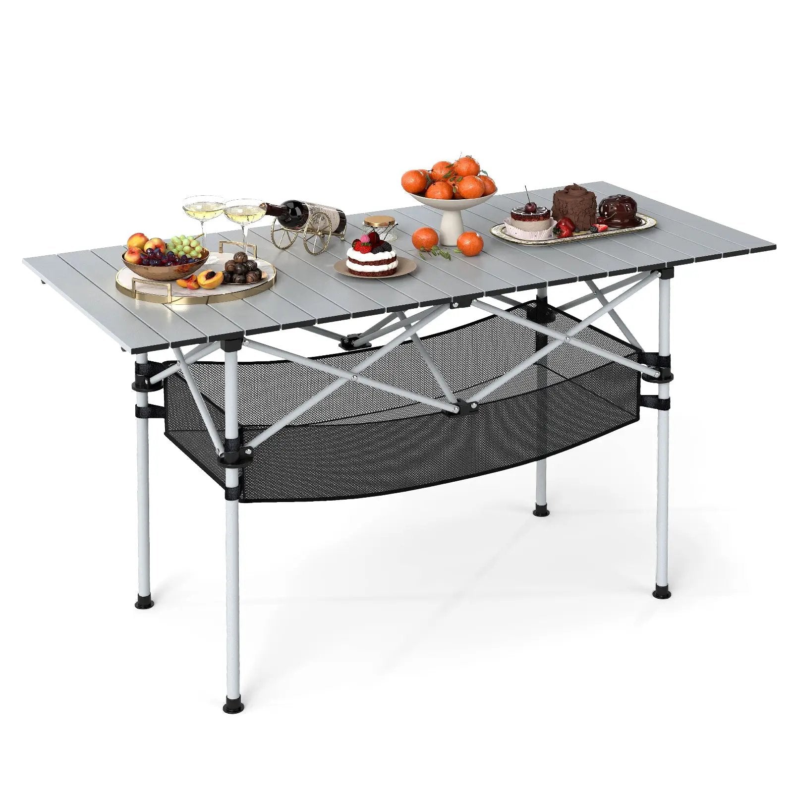 Patio Folding Camping Table with Roll-up Tabletop and Mesh Basket by DirectDeals