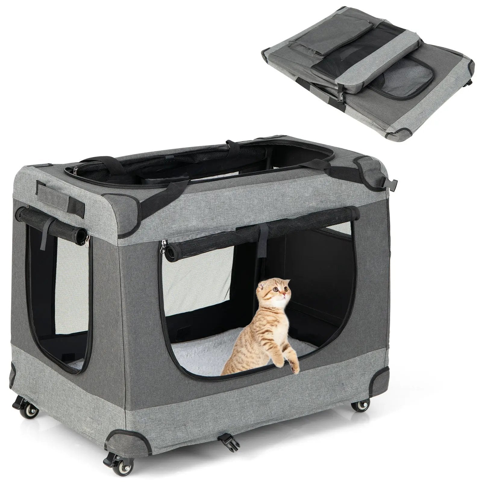 Portable Folding Dog Soft Crate Cat Carrier with 4 Lockable Wheels by DirectDeals