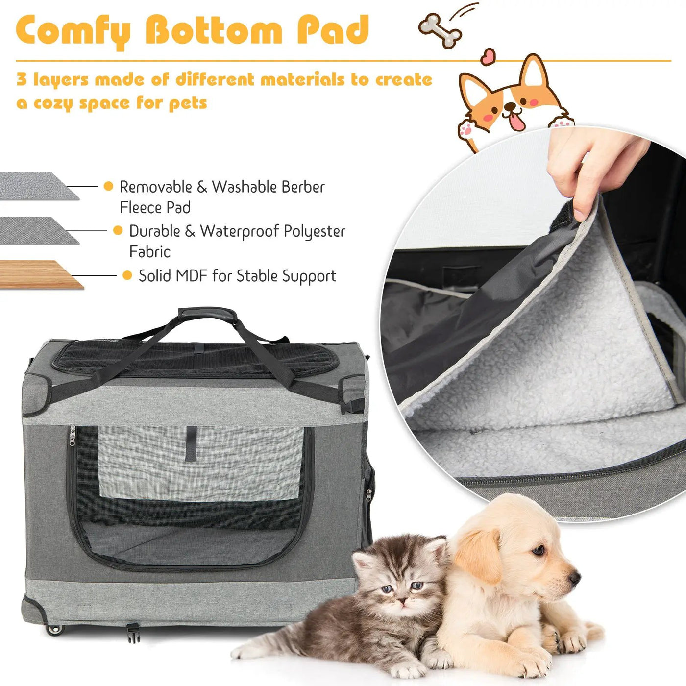 Portable Folding Dog Soft Crate Cat Carrier with 4 Lockable Wheels by DirectDeals