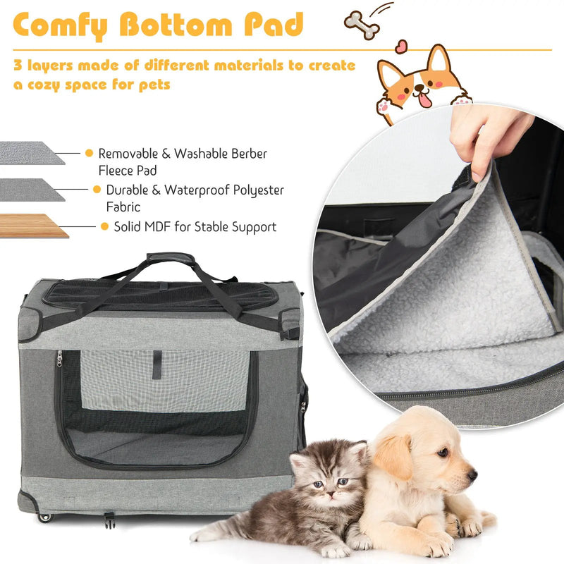Portable Folding Dog Soft Crate Cat Carrier with 4 Lockable Wheels by DirectDeals