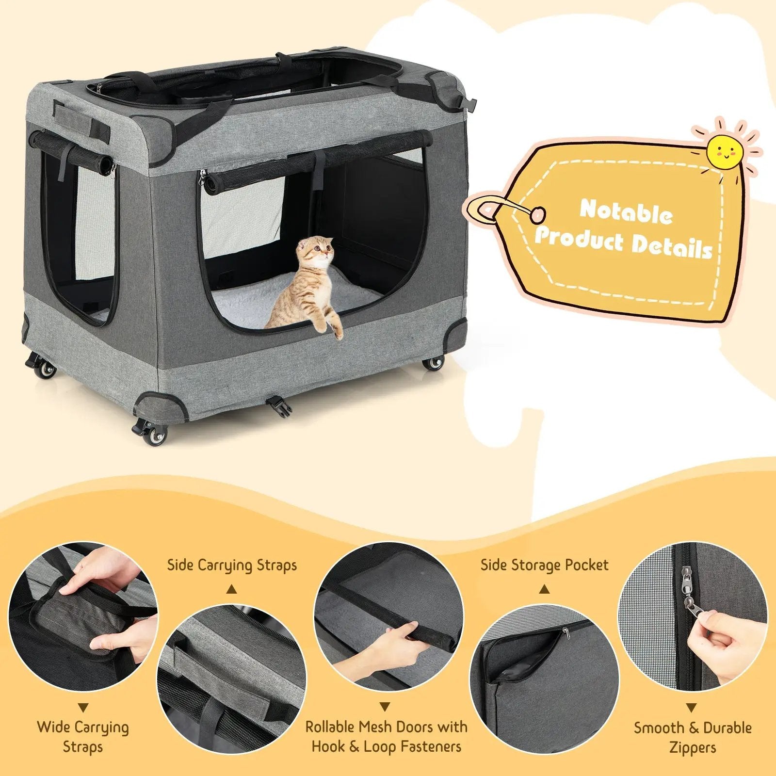 Portable Folding Dog Soft Crate Cat Carrier with 4 Lockable Wheels by DirectDeals