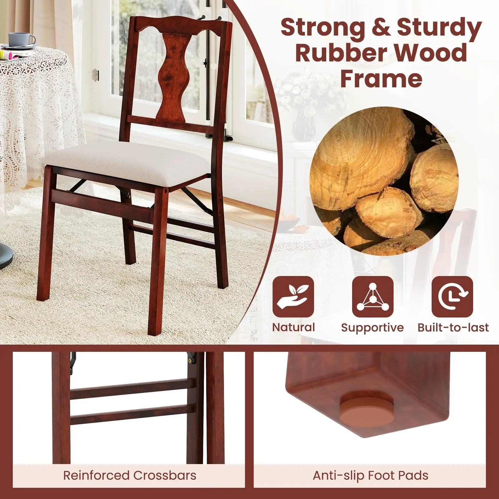Folding Chairs Set of 2 Upholstered Dining Chairs with Comfy Padded Seats-Brown by DirectDeals