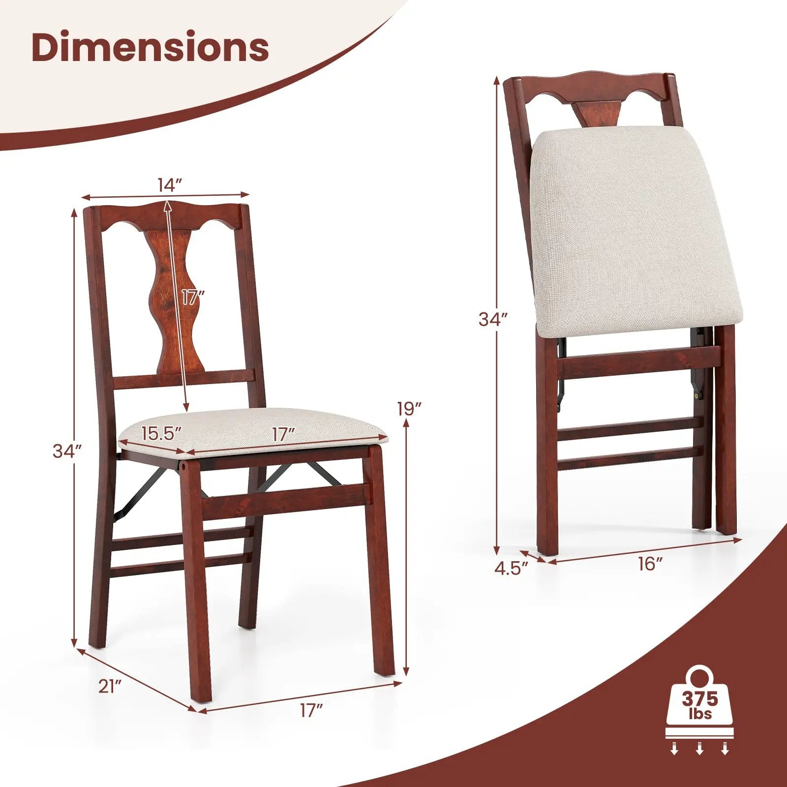 Folding Chairs Set of 2 Upholstered Dining Chairs with Comfy Padded Seats-Brown by DirectDeals