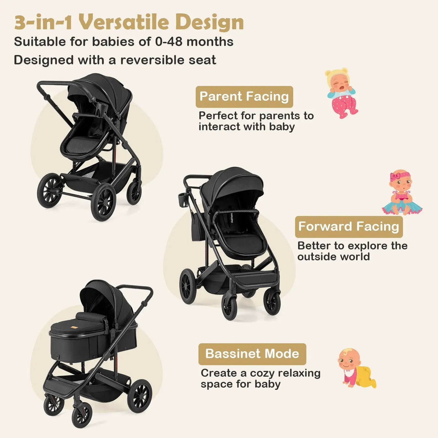 3-in-1 Folding Convertible Newborn Stroller with Detachable Bassinet by DirectDeals