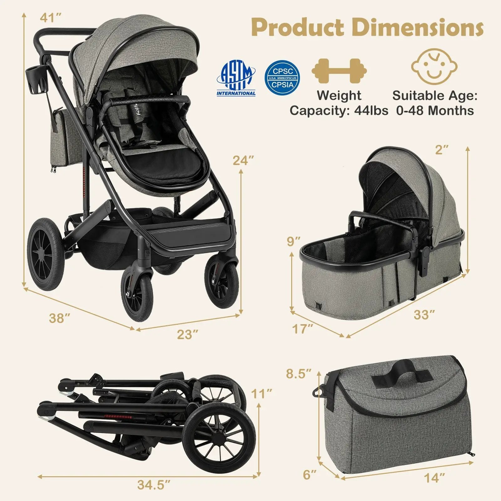 3-in-1 Folding Convertible Newborn Stroller with Detachable Bassinet by DirectDeals