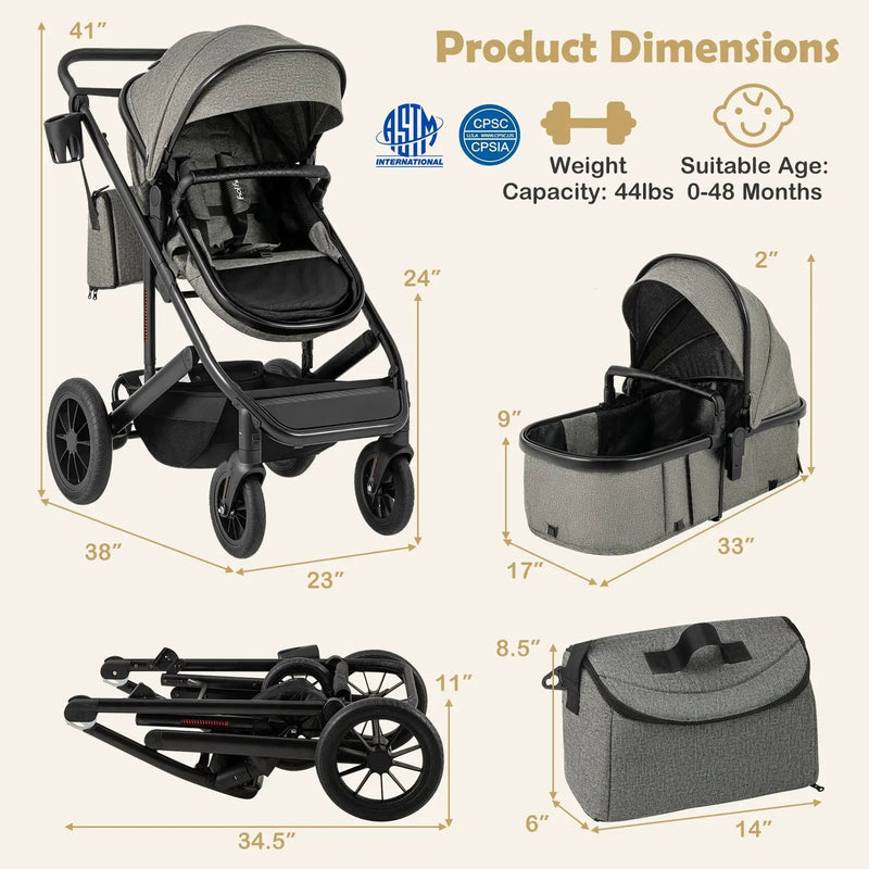 3-in-1 Folding Convertible Newborn Stroller with Detachable Bassinet by DirectDeals