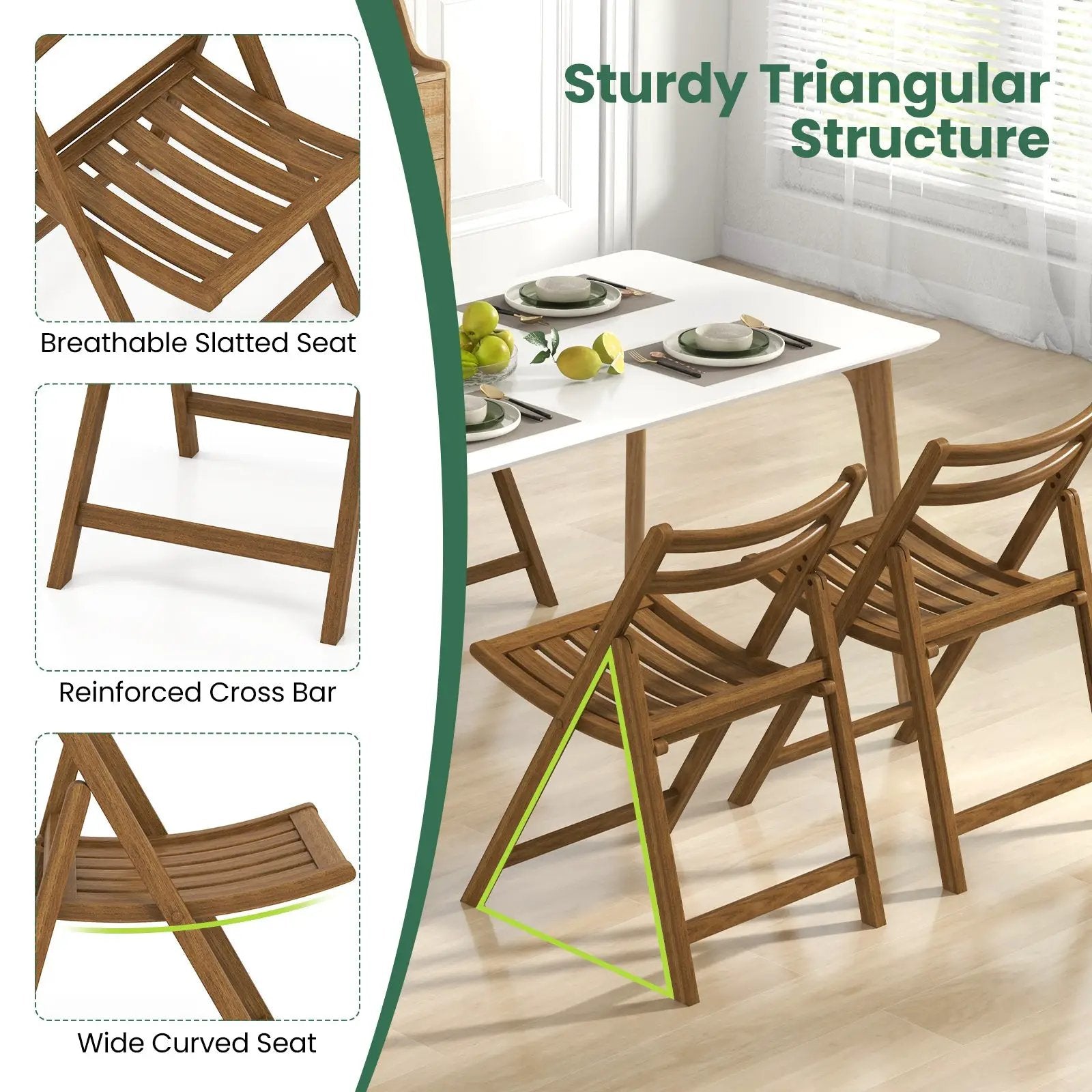 Folding Dining Chair Set of 2 with Rubber Wood Frame and Slatted Seat-Walnut by DirectDeals