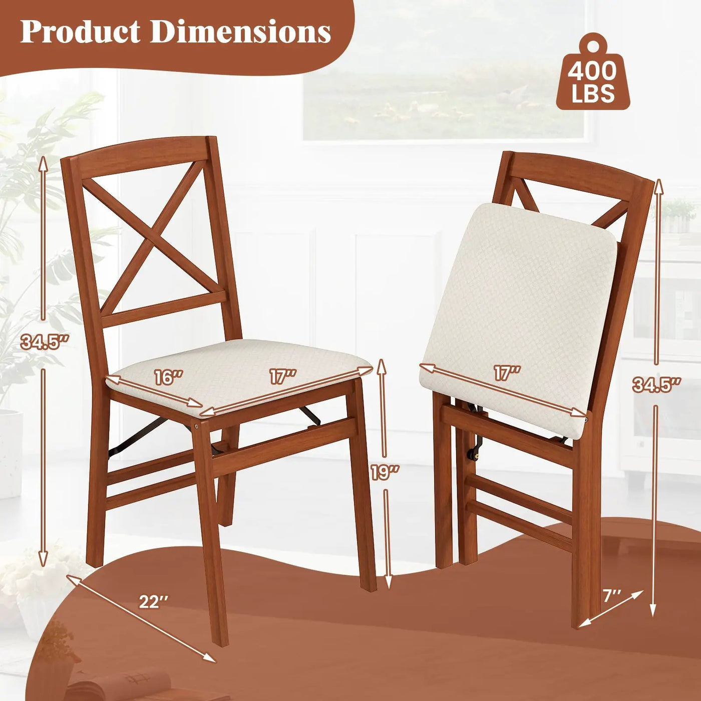 Folding Dining Chairs Set of 2 with Padded Seat and Rubber Wood Frame by DirectDeals