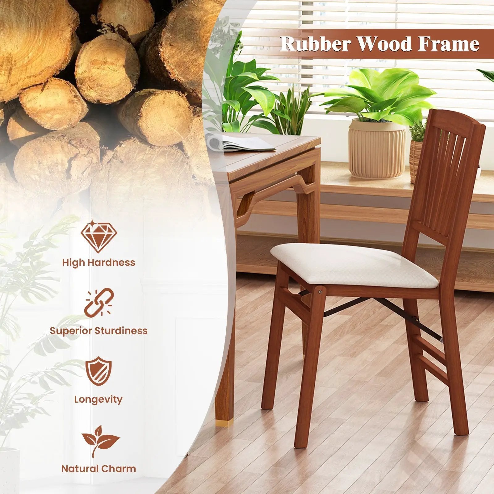 Folding Dining Chairs Set of 2 with Padded Seat and Rubber Wood Frame by DirectDeals