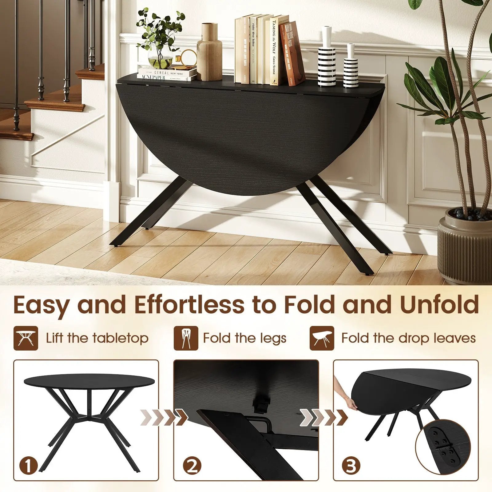 Folding Dining Table 47 Inch Extendable Round Kitchen Table with Drop Leaves by DirectDeals