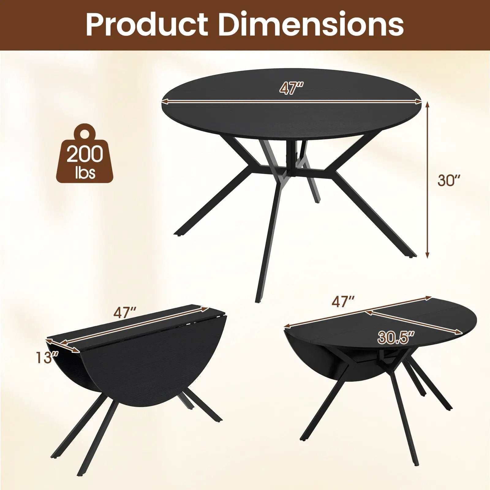 Folding Dining Table 47 Inch Extendable Round Kitchen Table with Drop Leaves by DirectDeals