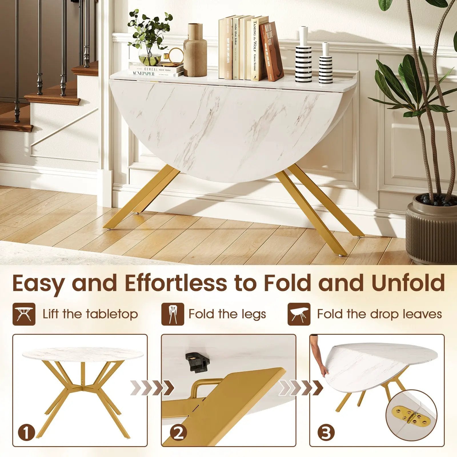 Folding Dining Table 47 Inch Extendable Round Kitchen Table with Drop Leaves by DirectDeals