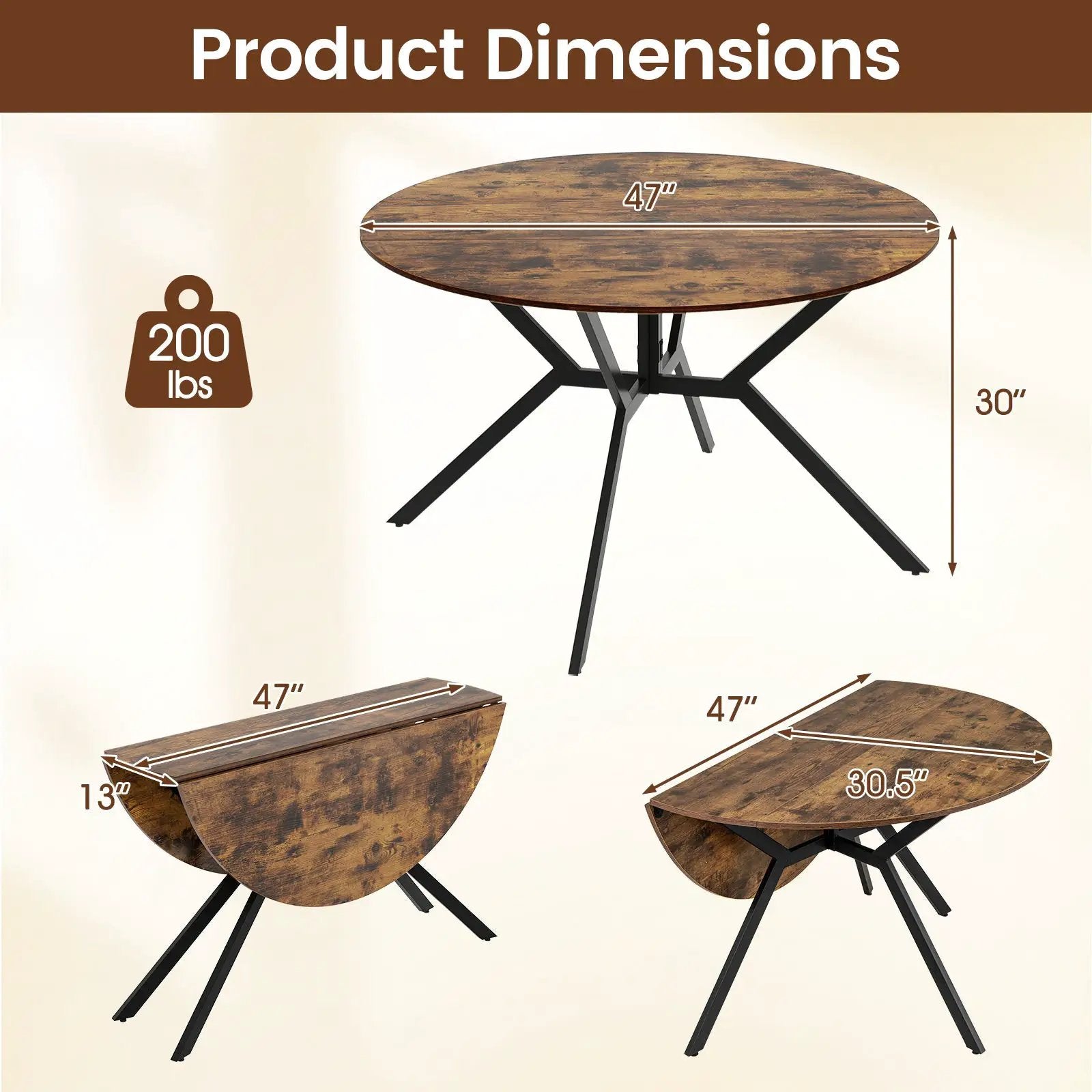 Folding Dining Table 47 Inch Extendable Round Kitchen Table with Drop Leaves by DirectDeals