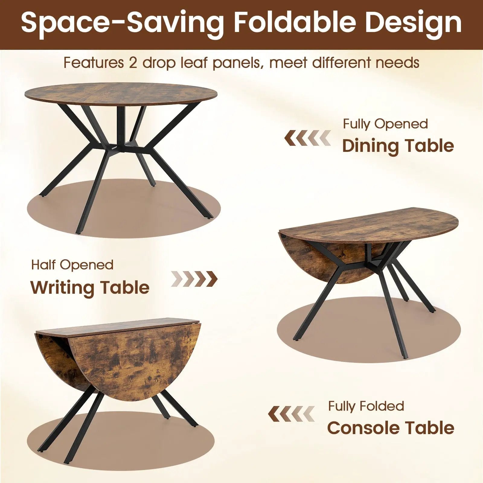Folding Dining Table 47 Inch Extendable Round Kitchen Table with Drop Leaves by DirectDeals