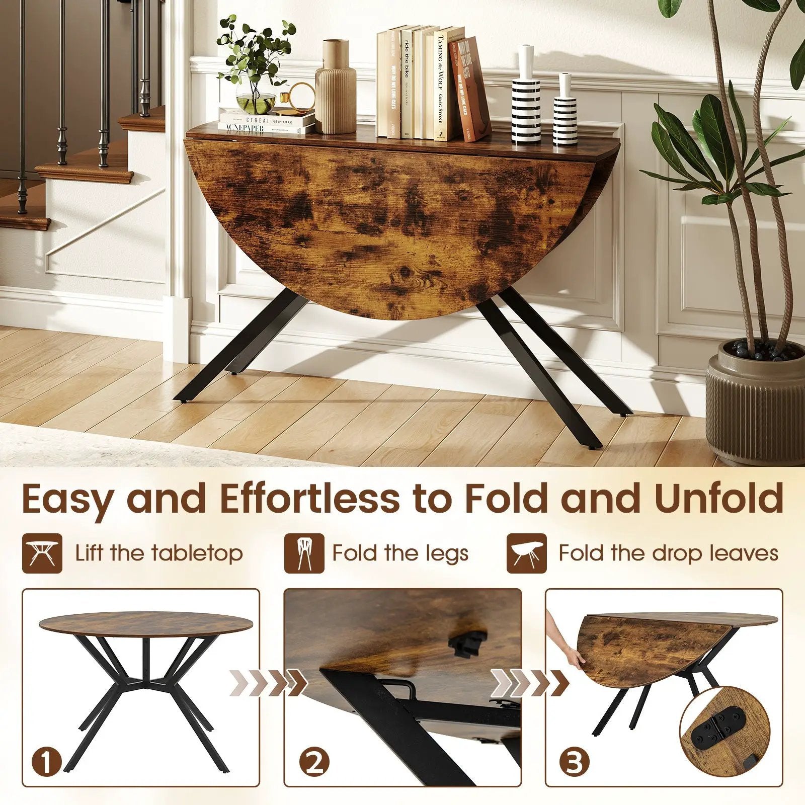 Folding Dining Table 47 Inch Extendable Round Kitchen Table with Drop Leaves by DirectDeals