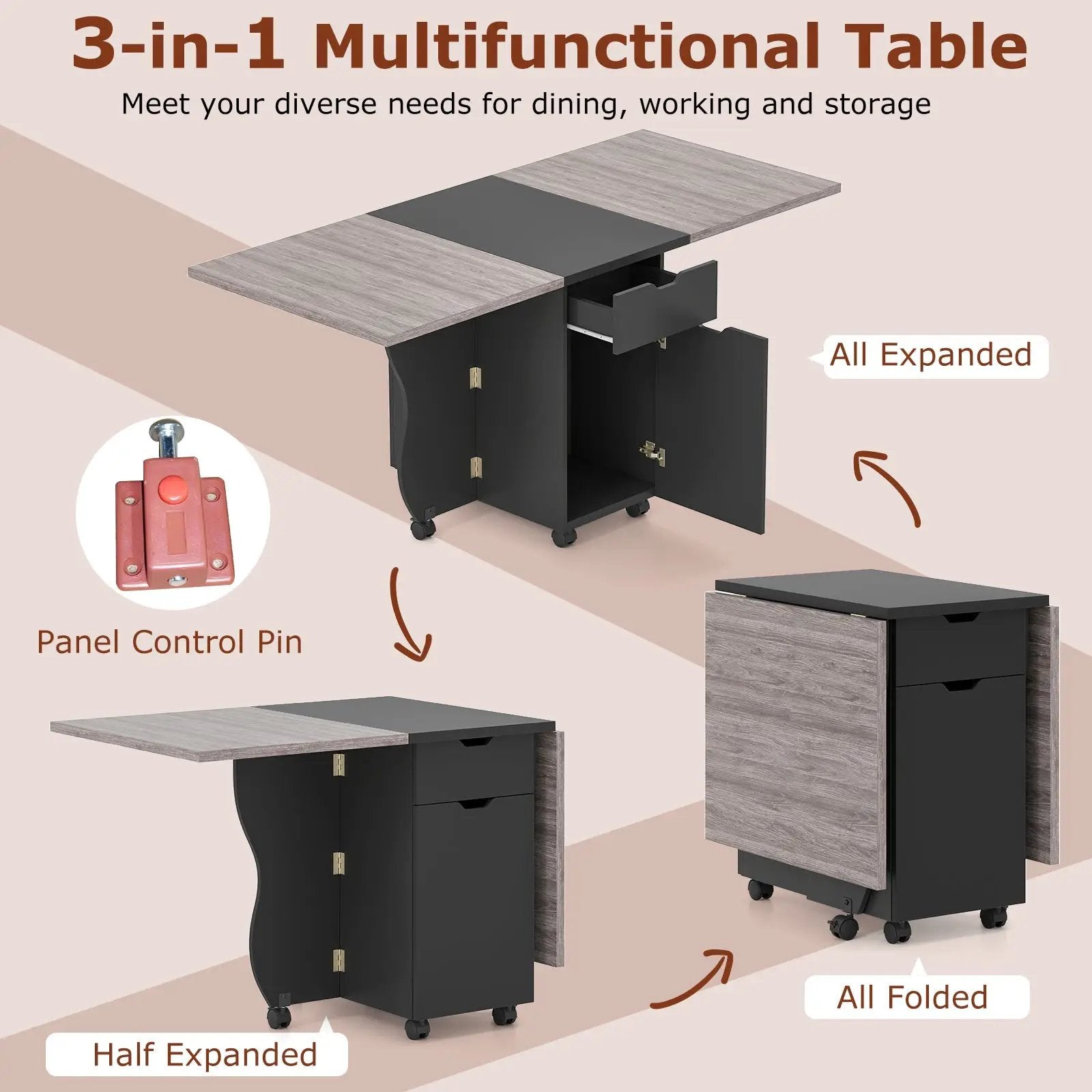 Folding Dining Table 3-in-1 Space-Saving Drop Leaf Kitchen Table with Lockable Wheels by DirectDeals