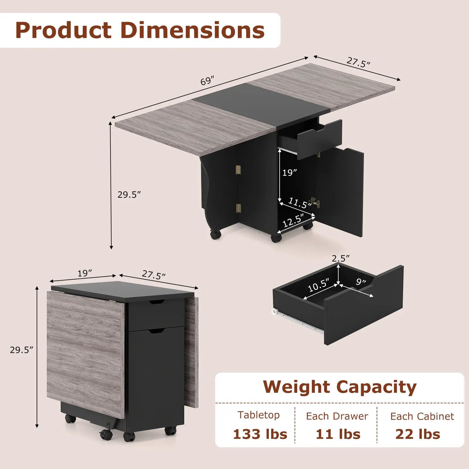 Folding Dining Table 3-in-1 Space-Saving Drop Leaf Kitchen Table with Lockable Wheels by DirectDeals