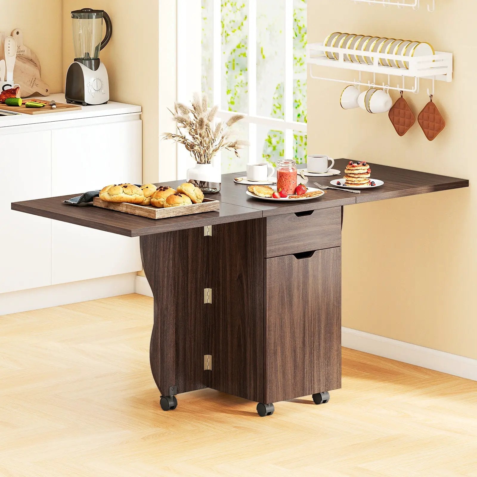 Folding Dining Table 3-in-1 Space-Saving Drop Leaf Kitchen Table with Lockable Wheels by DirectDeals
