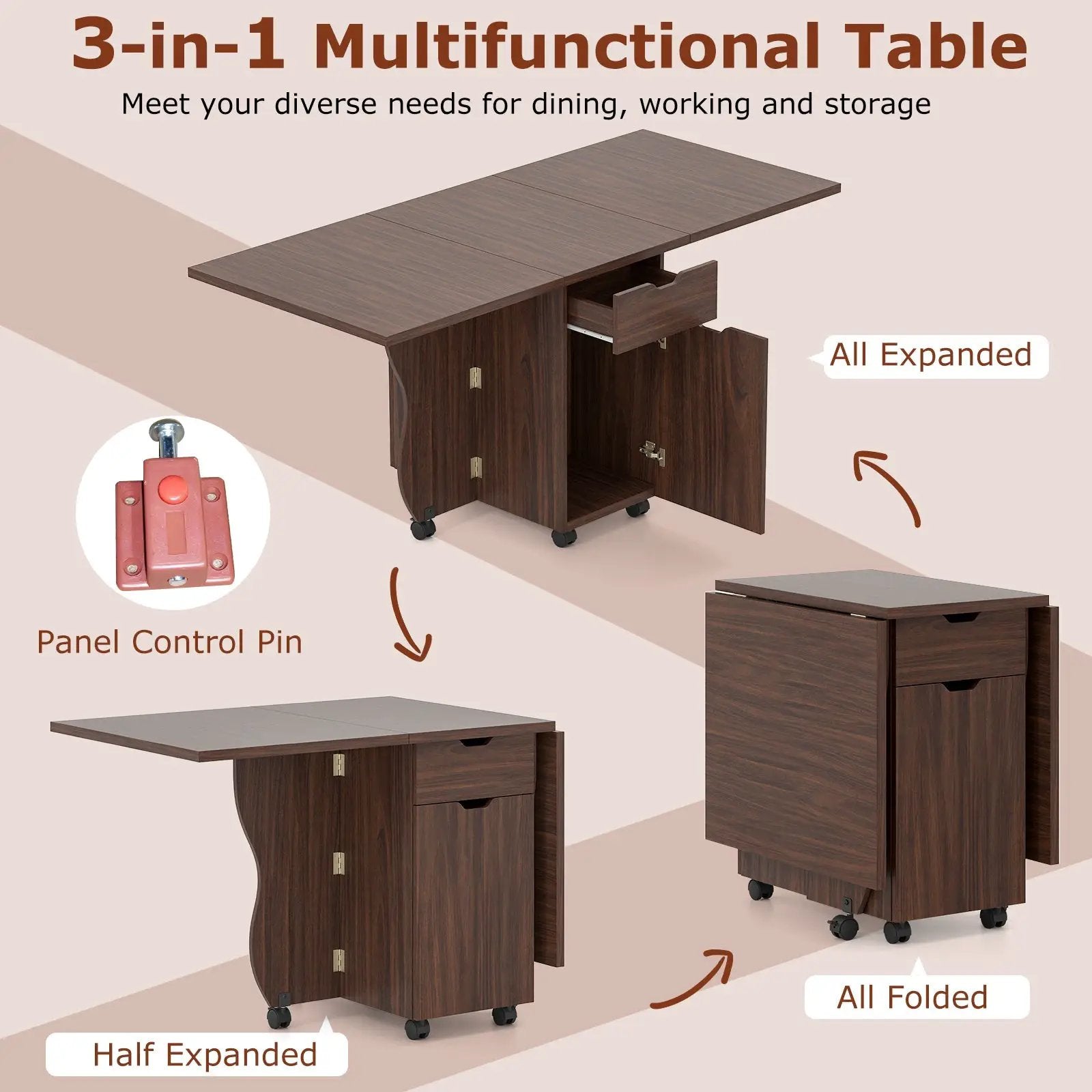 Folding Dining Table 3-in-1 Space-Saving Drop Leaf Kitchen Table with Lockable Wheels by DirectDeals