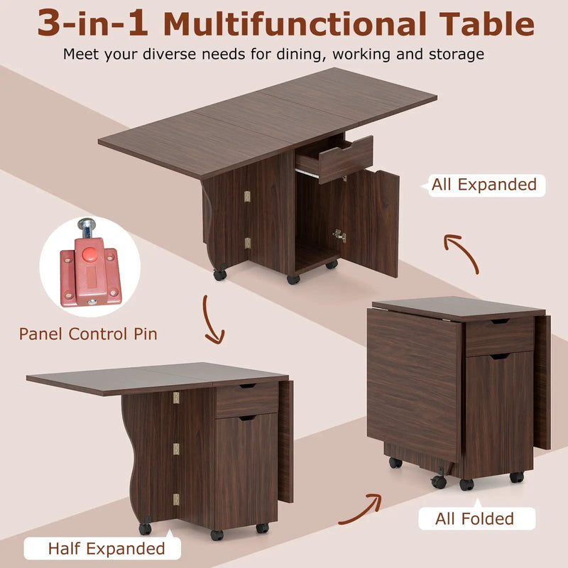 Folding Dining Table 3-in-1 Space-Saving Drop Leaf Kitchen Table with Lockable Wheels by DirectDeals