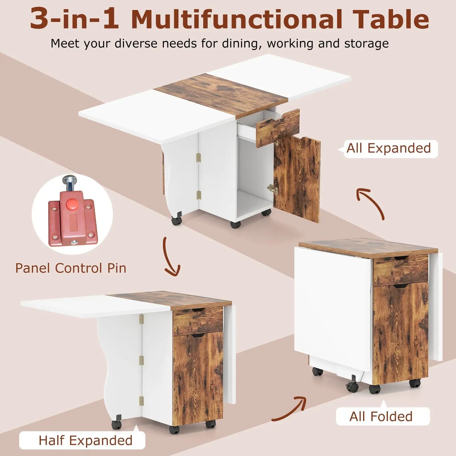 Folding Dining Table 3-in-1 Space-Saving Drop Leaf Kitchen Table with Lockable Wheels by DirectDeals