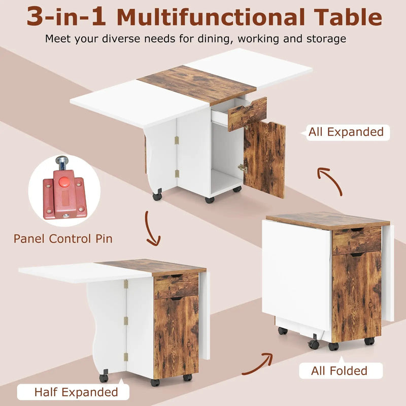 Folding Dining Table 3-in-1 Space-Saving Drop Leaf Kitchen Table with Lockable Wheels by DirectDeals