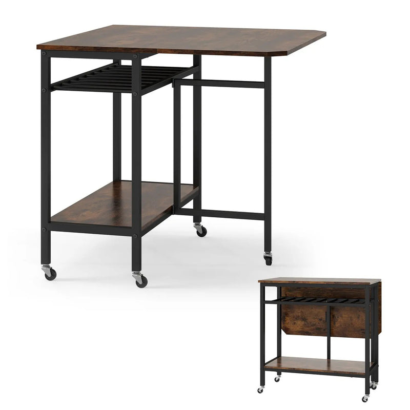 Folding Dining Table with Expandable Laptop with Wine Rack and Wheels-Rustic Brown by DirectDeals