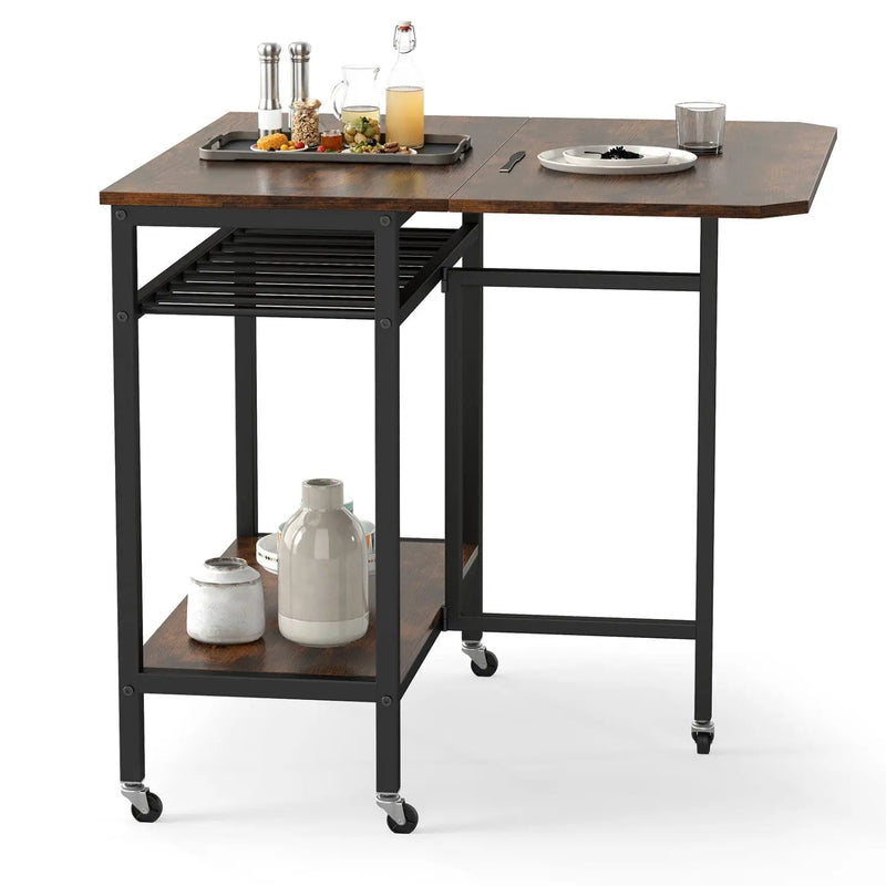 Folding Dining Table with Expandable Laptop with Wine Rack and Wheels-Rustic Brown by DirectDeals