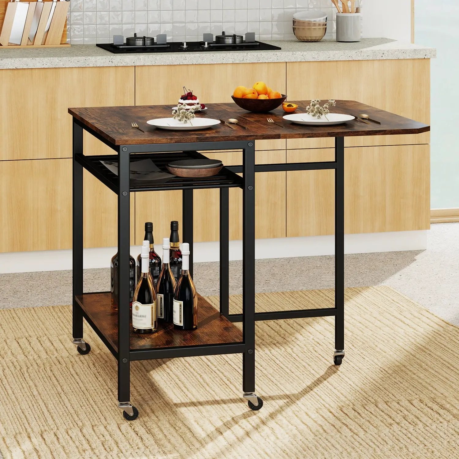 Folding Dining Table with Expandable Laptop with Wine Rack and Wheels-Rustic Brown by DirectDeals
