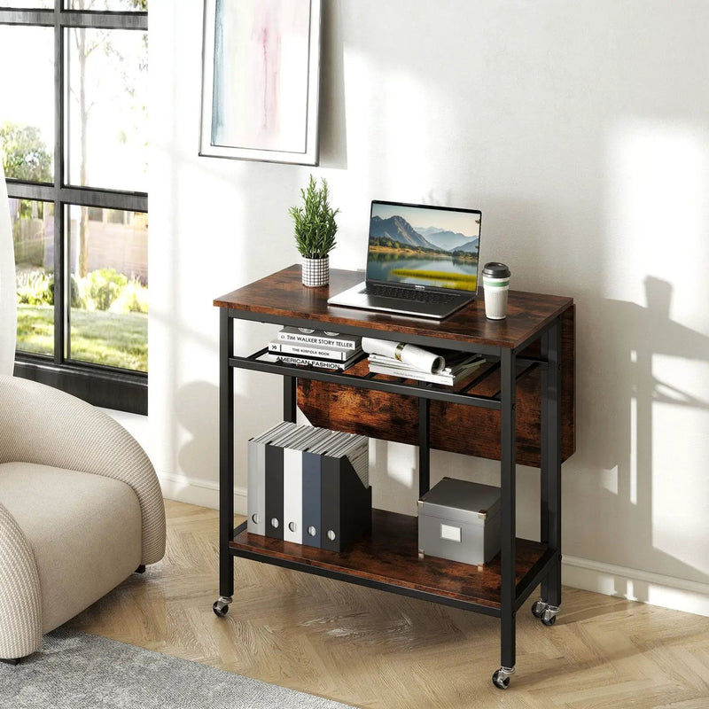 Folding Dining Table with Expandable Laptop with Wine Rack and Wheels-Rustic Brown by DirectDeals