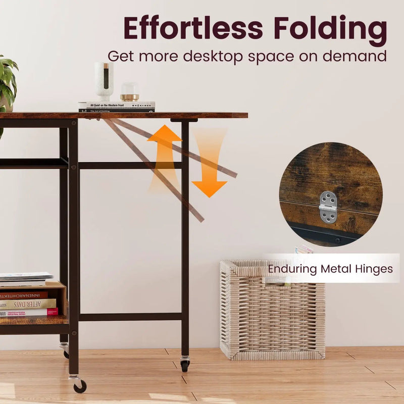 Folding Dining Table with Expandable Laptop with Wine Rack and Wheels-Rustic Brown by DirectDeals