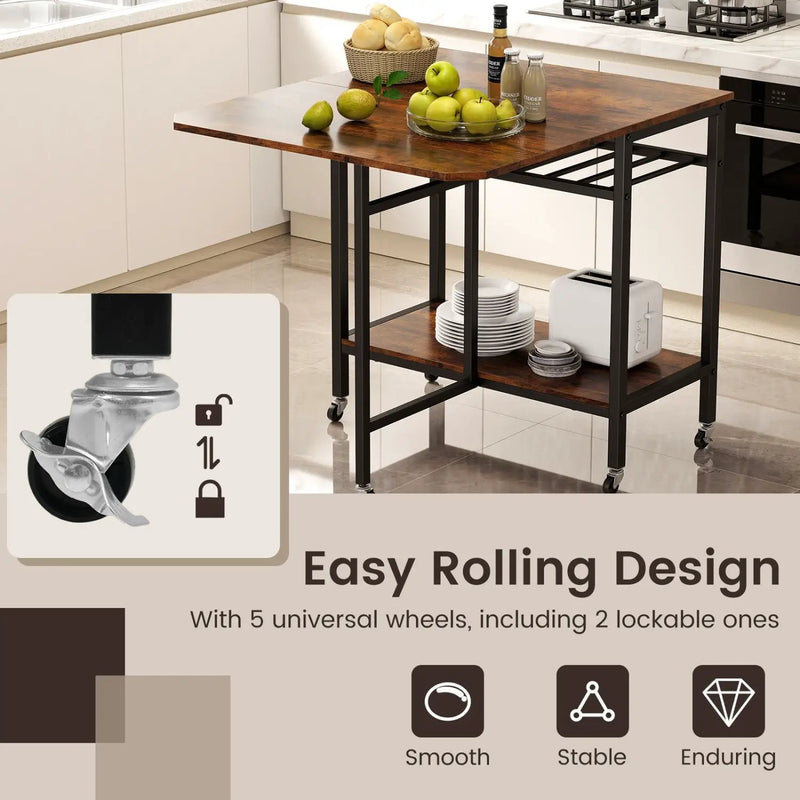 Folding Dining Table with Expandable Laptop with Wine Rack and Wheels-Rustic Brown by DirectDeals