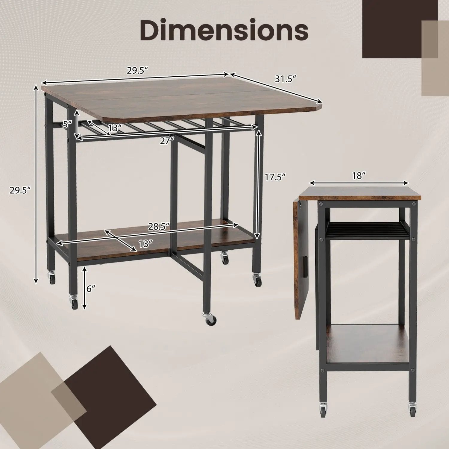 Folding Dining Table with Expandable Laptop with Wine Rack and Wheels-Rustic Brown by DirectDeals