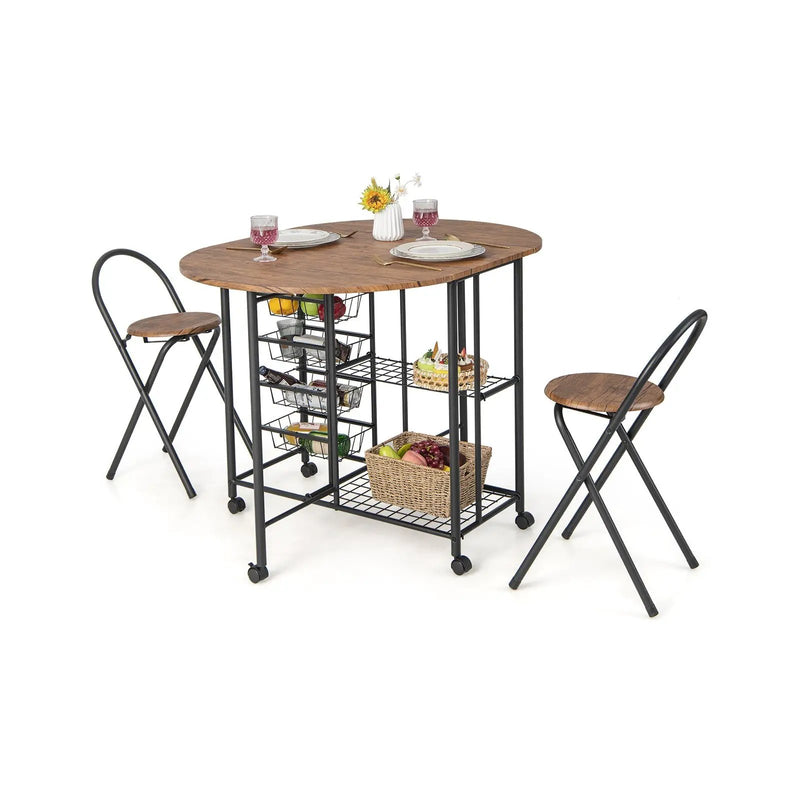 3 Pieces Folding Dining Table and Chair Set-Rustic Brown by DirectDeals
