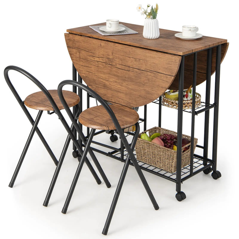 3 Pieces Folding Dining Table and Chair Set-Rustic Brown by DirectDeals