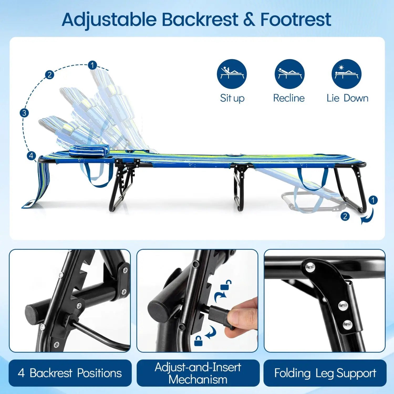 Folding Face Down Tanning Chair with Face Hole 3 Removable Pillows