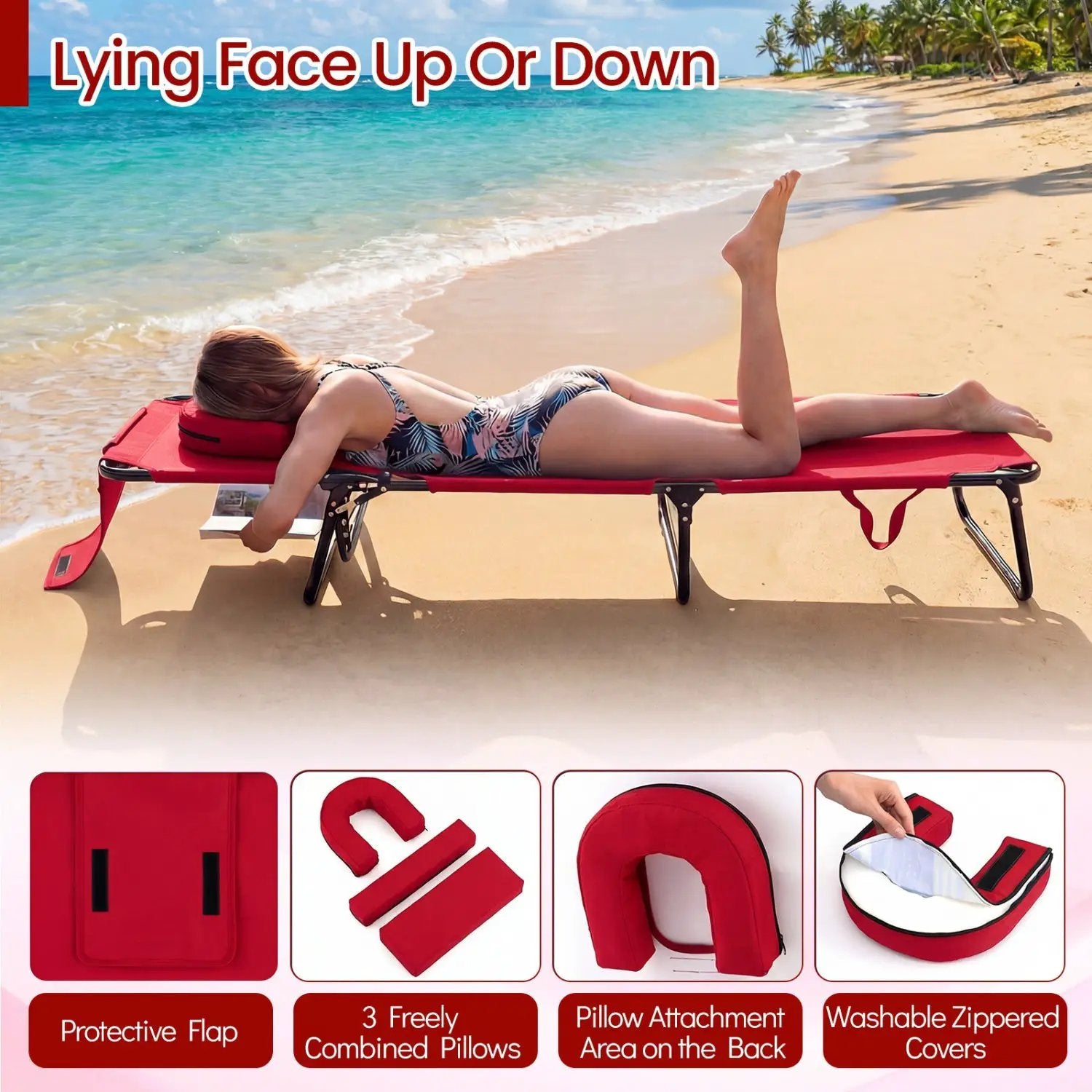Folding Face Down Tanning Chair with Face Hole 3 Removable Pillows by DirectDeals