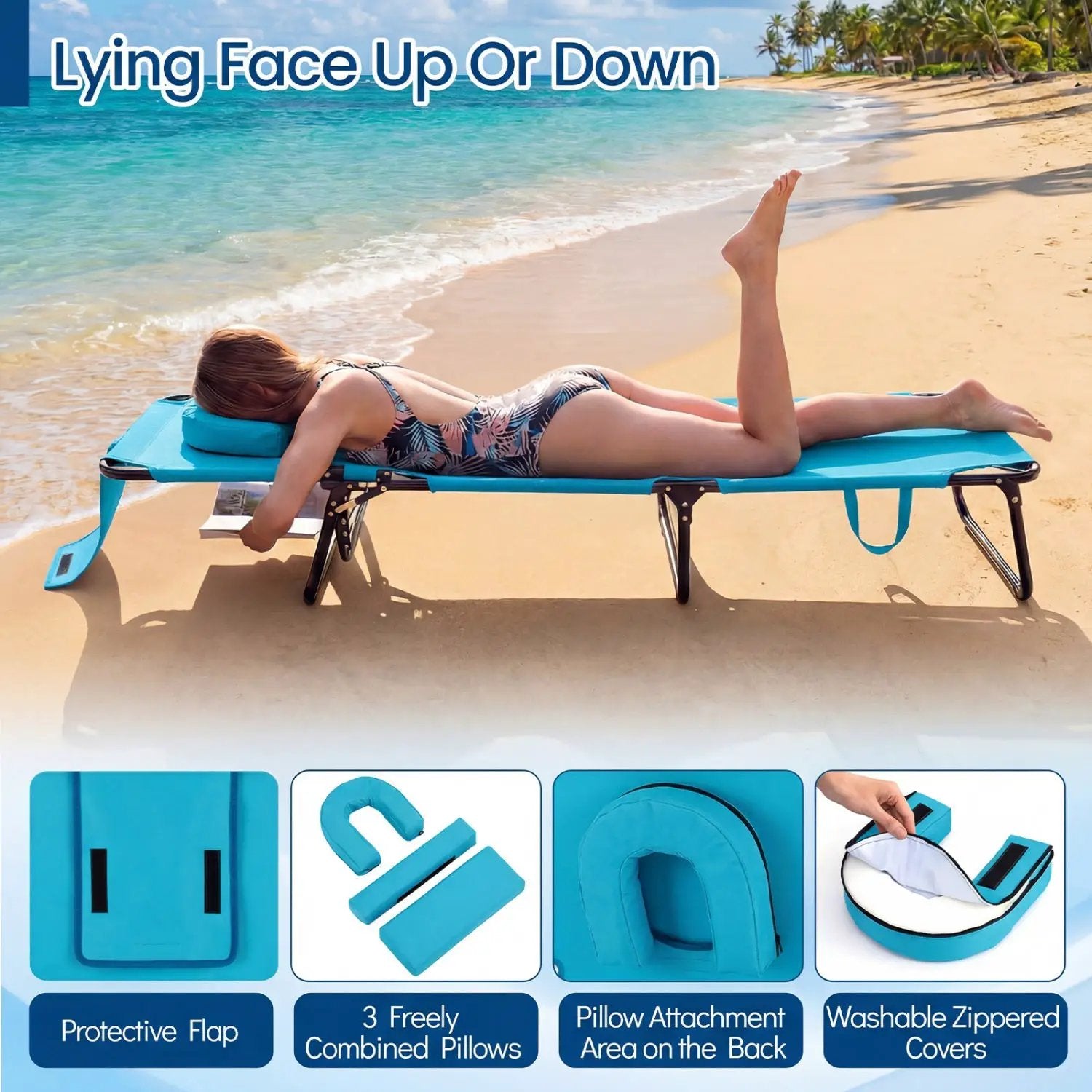 Folding Face Down Tanning Chair with Face Hole 3 Removable Pillows