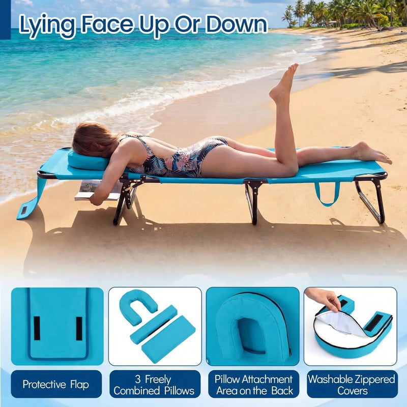 Folding Face Down Tanning Chair with Face Hole 3 Removable Pillows